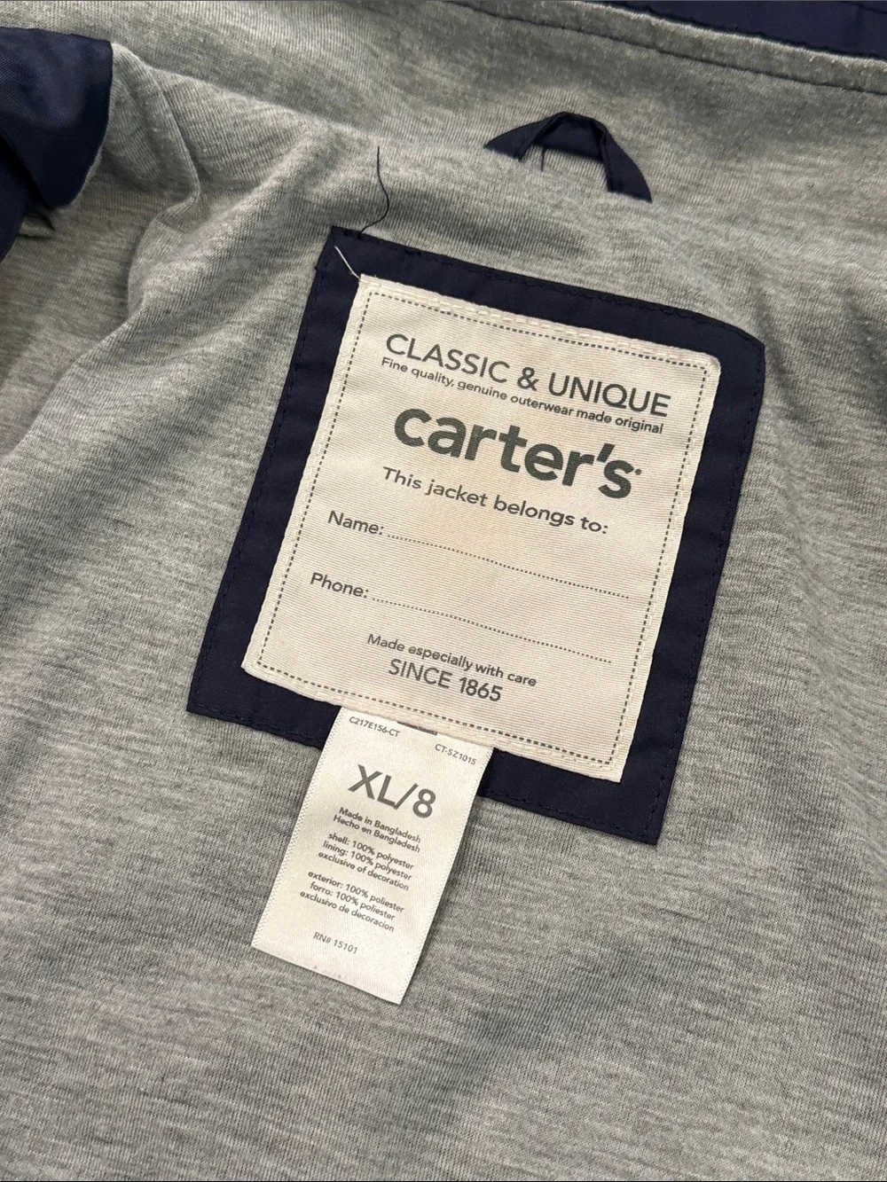 Carter’s Boys Police Utility Rain Jacket Navy Hooded Size 8 XL